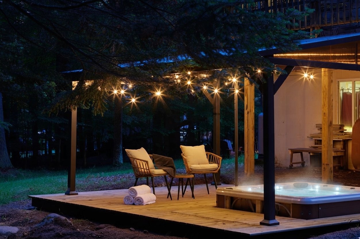 Hot tub staged at twilight with string lights on and steam visible, towels rolled and ready on the deck